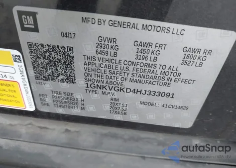2017 Chevrolet Traverse Lt z USA, uszkodzony, nr VIN 1GNKVGKD4HJ333091